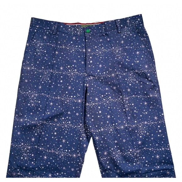 Mens 34 Chino Pants Navy Blue Star Print Straight Fit Flat Front Dress Trousers - Picture 7 of 10
